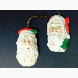 Vintage 2 Santa Face Christmas Tree Hanging Ornaments Hand Painted Porcelain